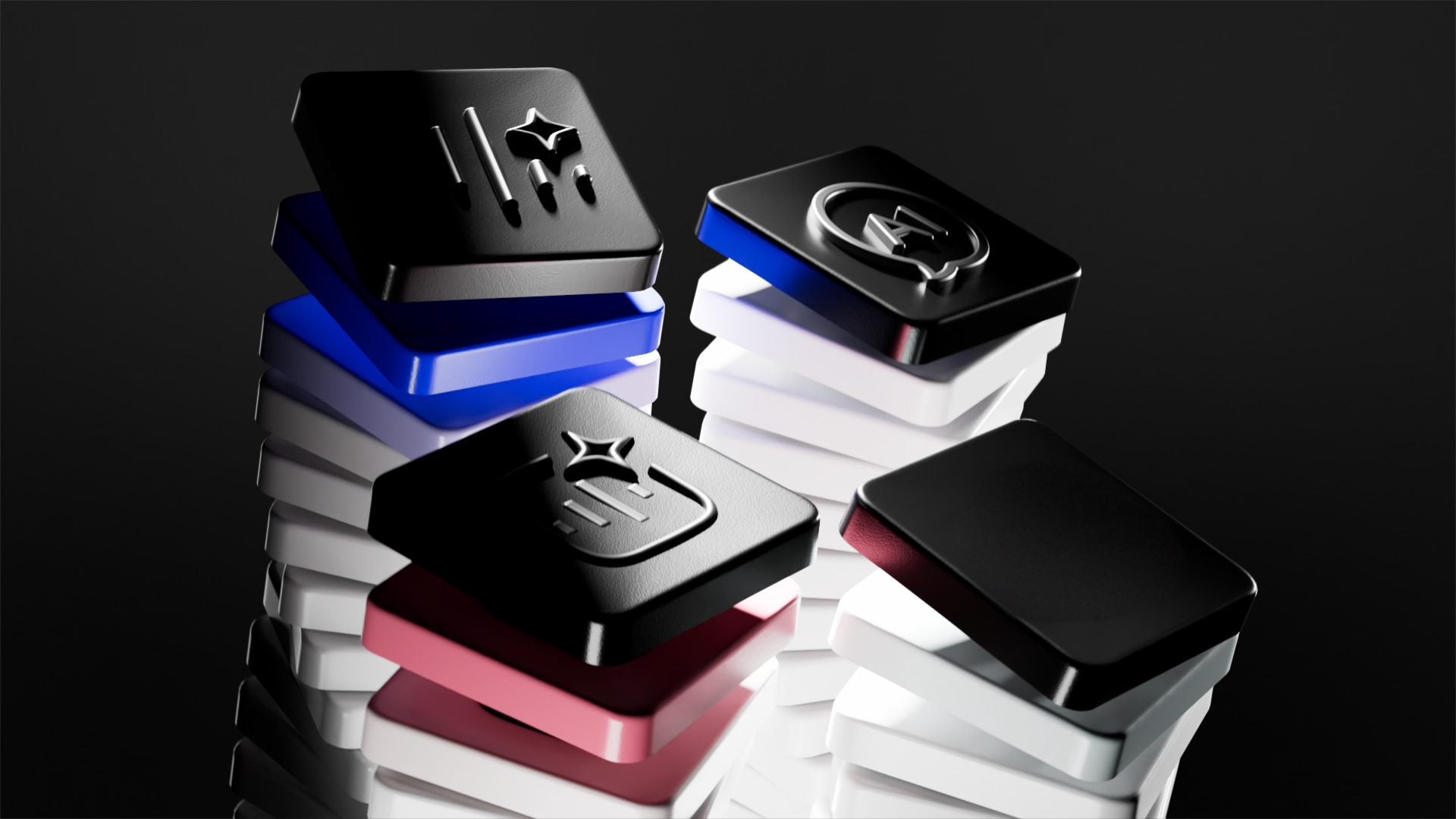 Stacks of VoicePad keycaps in different colors